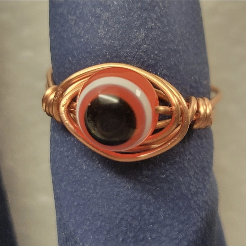 Handcrafted Copper Wire and Orange Evil Eye Stone Ring
